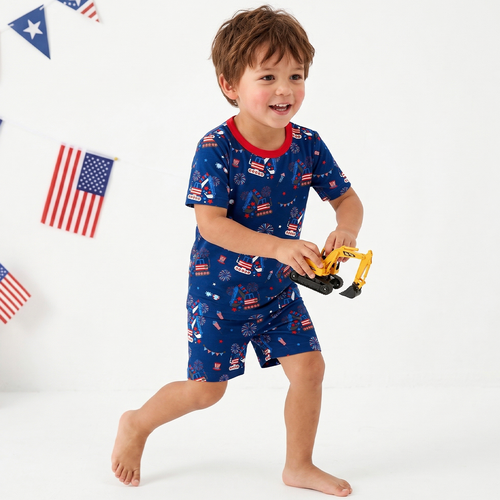 4th of July Red White Fireworks and Truck Kids Bamboo Two-Piece Pajama Short Sleeve Set