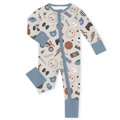 Cool Boy Rad Sports Blue Bamboo Zipper Romper Pajamas