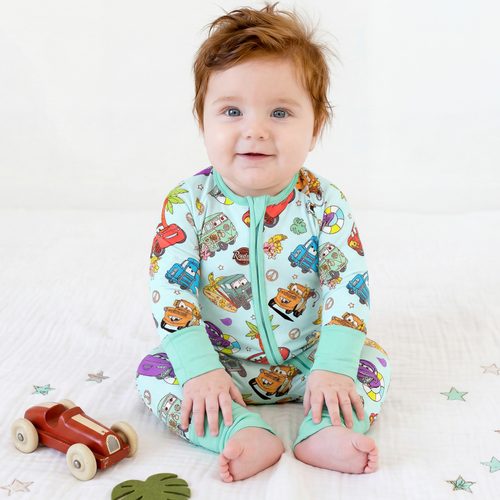 Vintage Cars Road Trip Mint Green Bamboo Zipper Romper Pajamas