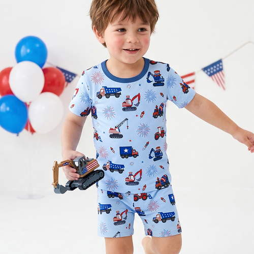4th of July Stars Truck and Fireworks Blue Bamboo Two-Piece Pajama Short Sleeve Set
