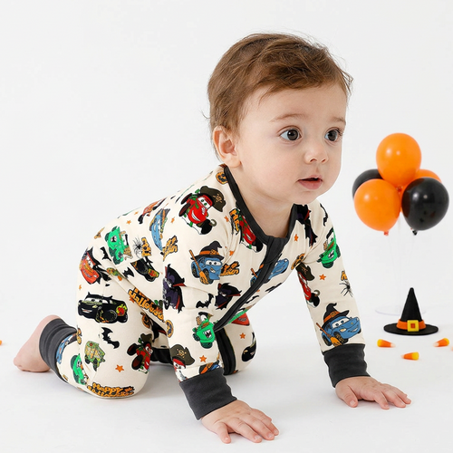 Halloween Smiley Face Car and Bus Pumpkin Bamboo Zipper Romper Pajamas