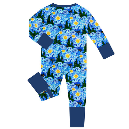 Deep Blue Starry Sky Baby Bamboo Zipper Romper Pajamas