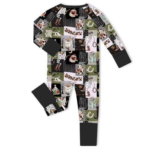 Halloween Western Cowboy Patchwork Bamboo Zipper Romper Pajamas
