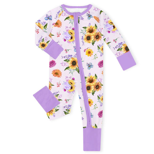 Lavender Sunflower Meadow Bamboo Zipper Romper Pajamas