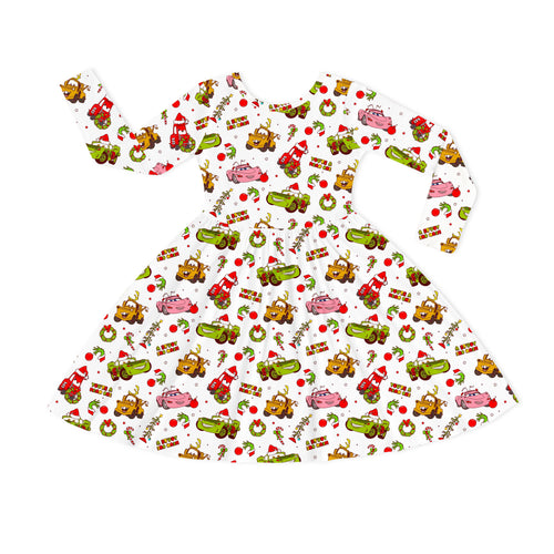 Christmas Cartoon Car Kids Bamboo Long Sleeves Dress