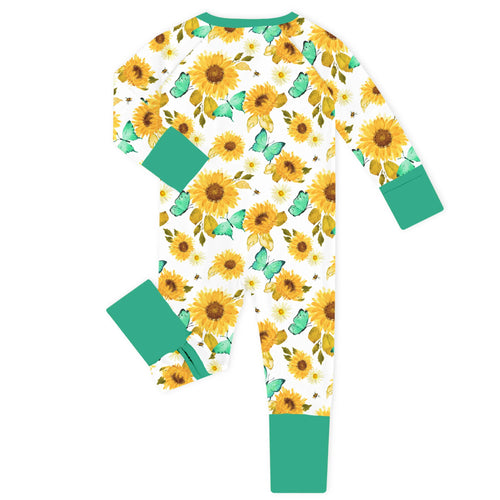 Sunflower Bloom Green Bamboo Zipper Romper Pajamas