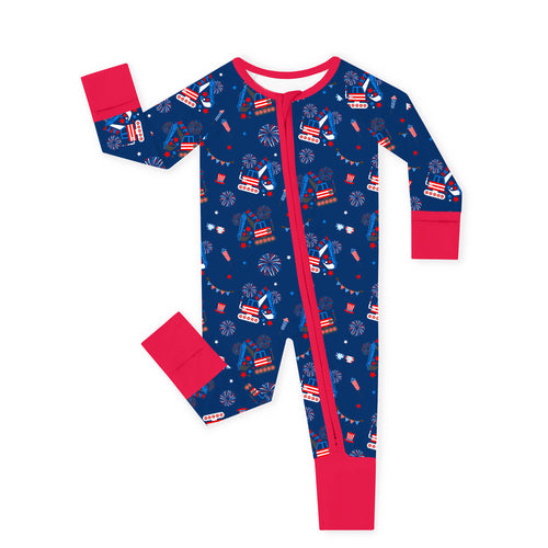 4th of July Red White Fireworks and Truck Bamboo Zipper Romper Pajamas