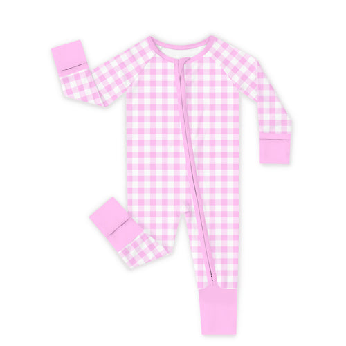 Pink Blush Check Sweet Dreams Bamboo Zipper Romper Pajamas