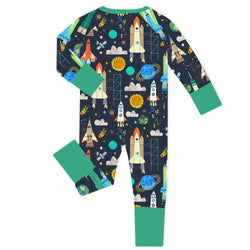 Midnight Space Explorer Rockets and Planets Green Bamboo Zipper Romper Pajamas