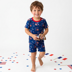 4th of July Red White Fireworks and Truck Kids Bamboo Two-Piece Pajama Short Sleeve Set