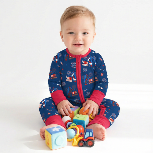 4th of July Red White Fireworks and Truck Bamboo Zipper Romper Pajamas