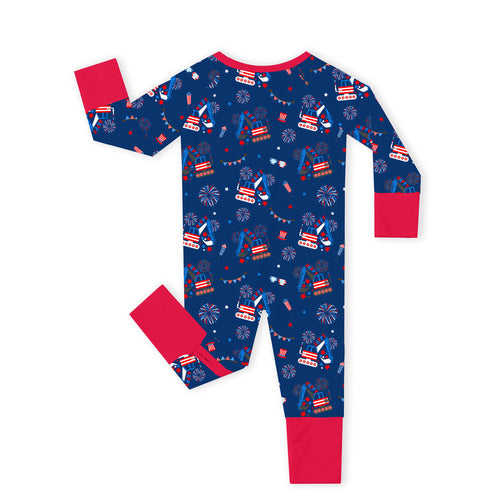 4th of July Red White Fireworks and Truck Bamboo Zipper Romper Pajamas