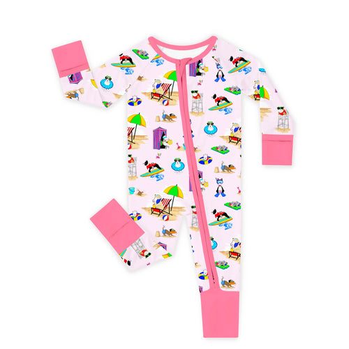 Seaside Surf Pup on Sunny Beach Pink Bamboo Zipper Romper Pajamas