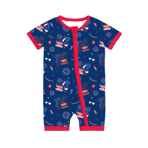 4th of July Red White Fireworks and Truck Short Bamboo Zippy Baby Romper