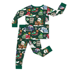 Christmas Car Snow Forest Green Kids Bamboo Two-Piece Pajama Set
