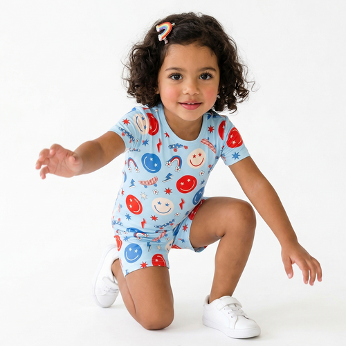 4th of July Smiley Faces and Colorful Rainbows Sky Blue Bamboo Two-Piece Pajama Short Sleeve Set
