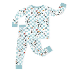 Christmas Big Face Snowman Green Checkered Kids Bamboo Two-Piece Pajama Set