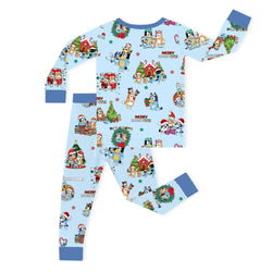 Christmas Dog Friends and Trees Gifts on Sky Blue Kids Bamboo Two-Piece Pajama Set