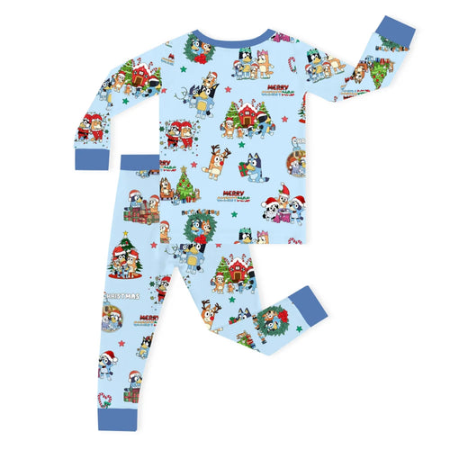 Christmas Dog Friends and Trees Gifts on Sky Blue Kids Bamboo Two-Piece Pajama Set