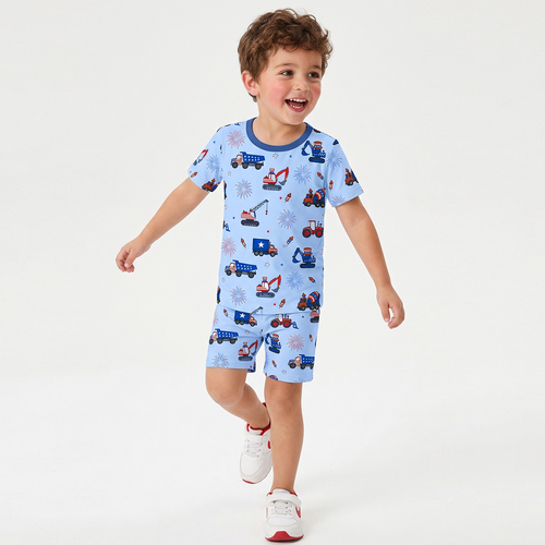 4th of July Stars Truck and Fireworks Blue Bamboo Two-Piece Pajama Short Sleeve Set