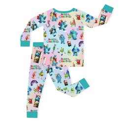 Christmas Blue Monster Friends on Aqua Kids Bamboo Two-Piece Pajama Set
