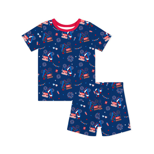 4th of July Red White Fireworks and Truck Kids Bamboo Two-Piece Pajama Short Sleeve Set