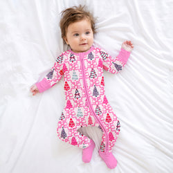 Christmas Coquette Bow Trees Bamboo Zipper Romper Pajamas