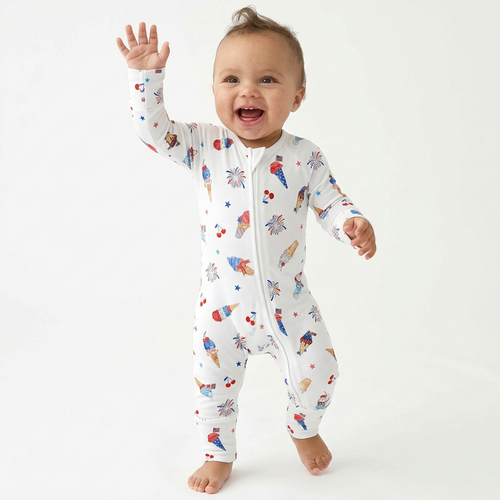 4th of July Ice Cream and Fireworks Bamboo Zipper Romper Pajamas