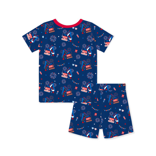 4th of July Red White Fireworks and Truck Kids Bamboo Two-Piece Pajama Short Sleeve Set