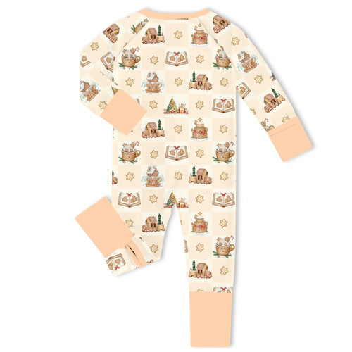 Christmas Gingerbread Village Peach Bamboo Zipper Romper Pajamas