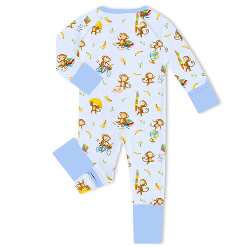 Curious Monkey Playtime Blue Bamboo Zipper Romper Pajamas