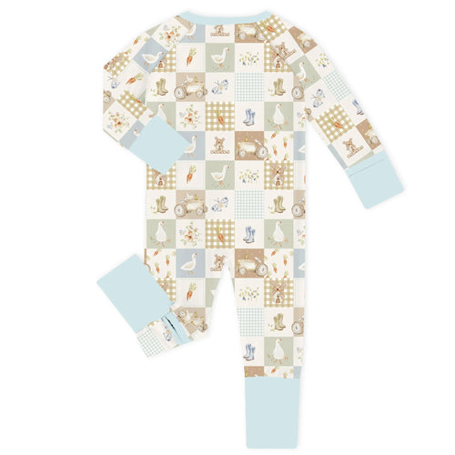 Farmhouse Patchwork Blue Bamboo Zipper Romper Pajamas