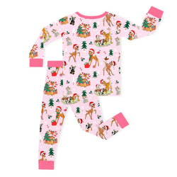 Christmas Pink Deer and Woodland Pals Kids Bamboo Two-Piece Pajama Set