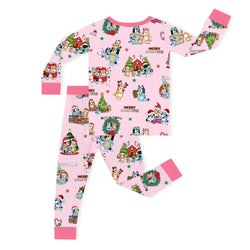 Christmas Dog Friends and Trees Gifts on Pink Kids Bamboo Two-Piece Pajama Set