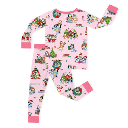 Christmas Dog Friends and Trees Gifts on Pink Kids Bamboo Two-Piece Pajama Set