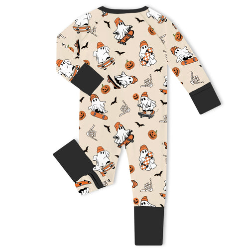 Halloween Skateboard Ghost Bamboo Zipper Romper Pajamas
