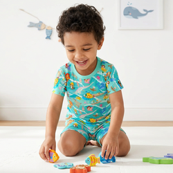 Ocean Sailboat and Sea Animal Parade Kids Bamboo Two-Piece Pajama Short Sleeve Set