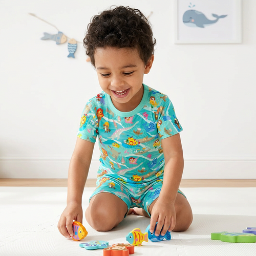 Ocean Sailboat and Sea Animal Parade Kids Bamboo Two-Piece Pajama Short Sleeve Set