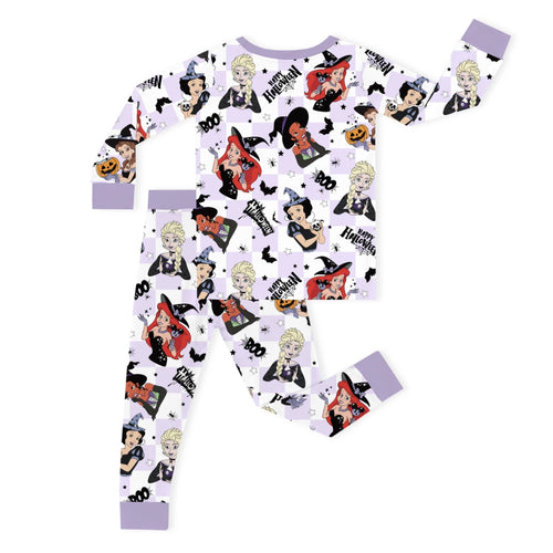 Halloween Princess Pumpkin Spider Purple Check Kids Bamboo Two-Piece Pajama Set