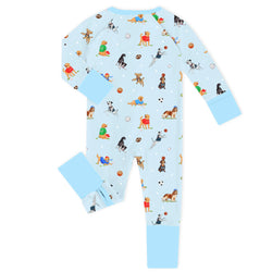 Sporty Pups Blue Bamboo Zipper Romper Pajamas