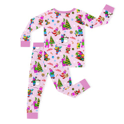 Christmas Pink Dino and Friends on Cotton Pink Kids Bamboo Two-Piece Pajama Set