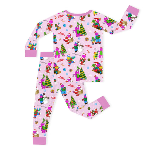 Christmas Pink Dino and Friends on Cotton Pink Kids Bamboo Two-Piece Pajama Set