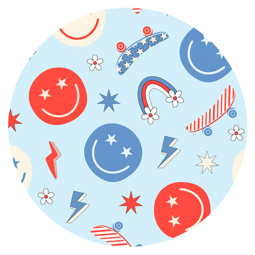 4th of July Smiley Faces and Colorful Rainbows Sky Blue Bamboo Two-Piece Pajama Short Sleeve Set