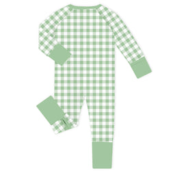 Classic Sunshine Gingham Green Bamboo Zipper Romper Pajamas