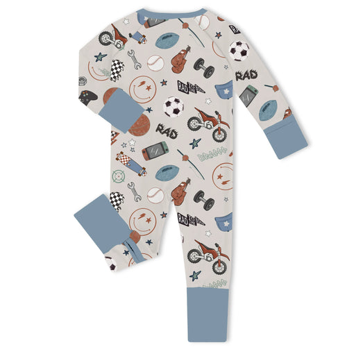 Cool Boy Rad Sports Blue Bamboo Zipper Romper Pajamas
