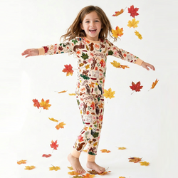 Autumn Woodland Wildlife and Fallen Leaves Peach Kids Two-Piece Pajama Set