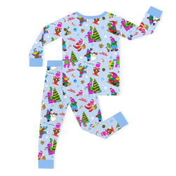 Christmas Pink Dino and Friends on Blue Kids Bamboo Two-Piece Pajama Set