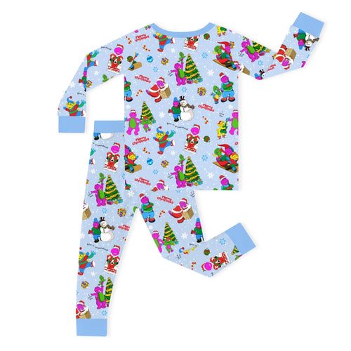 Christmas Pink Dino and Friends on Blue Kids Bamboo Two-Piece Pajama Set