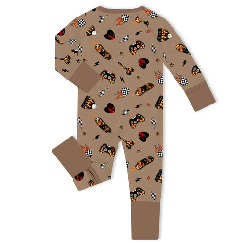 Rad Skater & Game Brown Bamboo Zipper Romper Pajamas