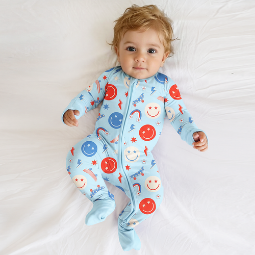 4th of July Smiley Faces and Colorful Rainbows Sky Blue Bamboo Zipper Romper Pajamas